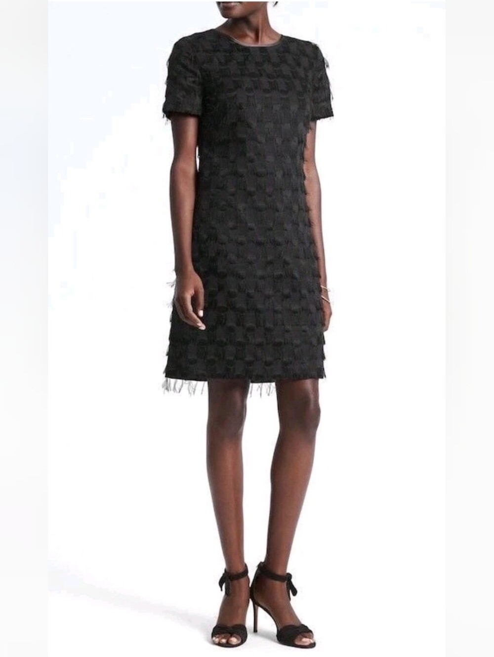 Banana Republic Black Eyelash Fringe Dot Short Sleeve Shift Dress Women's Size M